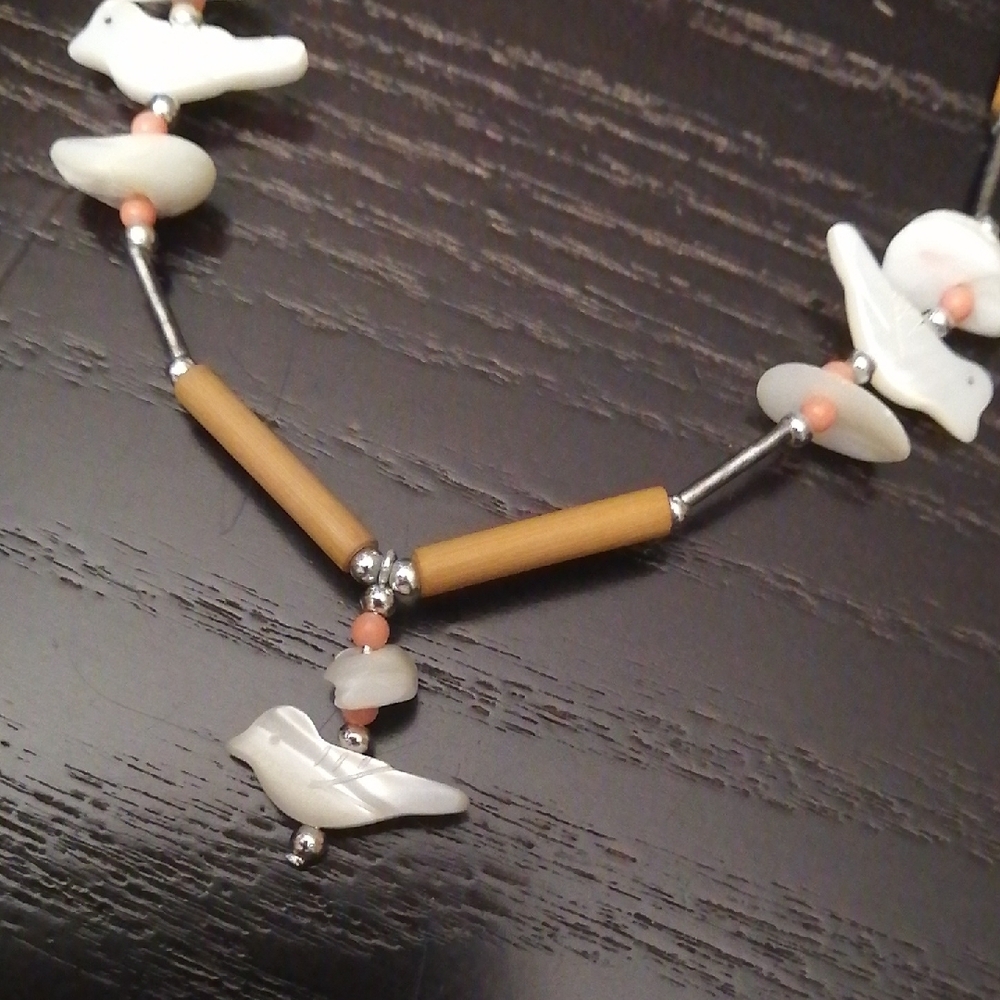Zuni Style Fetish Necklace Handcarved Shell Doves Red Coral And Wooden Beads